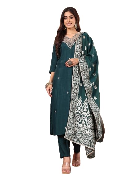 Kurta droit brodé main vert en soie indienne de luxe : ensemble pantalon et dupatta