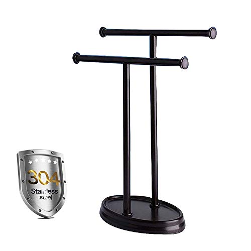 M-TOP Colgador Toallas Baño Pie con 2 Brazos, Toallero de Doble T con Soporte para Joyas, Expositor de Joyas Colgador para Pulseras y Pendientes, Toallero de Pie Baño Acero InoxidableBlack