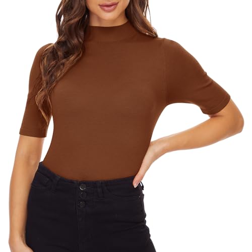 Image of Anbenser Women's Short Sleeve Mock Pullover Sweater Knit Jersey Top Slim Fit
