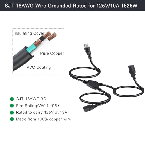 Image of Computer Y Splitter Power Cord, 3FT NEMA 5-15P to 2X IEC60320 C13 Female 2 Ways Outlet AC Power Cord, SJT 16AWG Universal Laptop 3 Prong Power Cable, C13 Y Spliiter for Monitor /TV /Printer