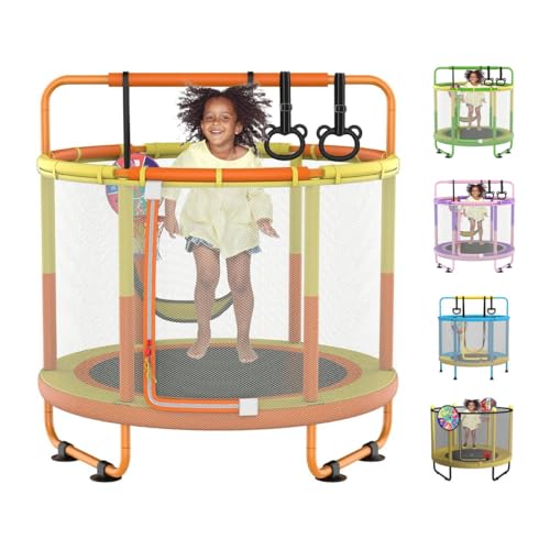 LANGXUN 60" Trampoline for Kids, 5ft Toddler Mini 6-in-1 Trampoline Indoor Outdoor with Swing, Basketball Hoop, Dart Board, Rings, Christmas Toys Birthday Gifts for Girls Boys Orange&Yellow