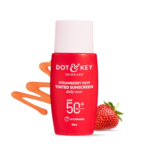 Image of Dot & Key Strawberry Dew Tinted Sunscreen SPF 50+ Pa++++ - 07 Caramel In-Vivo Tested | For Daily Wear, Brightens & Protects Skin, Ultra-light, Blends Easily, With Niacinamide, Natural Finish, Non-Greasy, Non-Sticky | 50ml