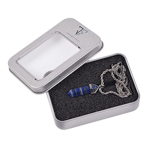 Natural Blue Lapis Gemstone Hexagonal Pointed Reiki Chakra Pendant Necklace 20" High-Grade Iron Gift Box #TOP2