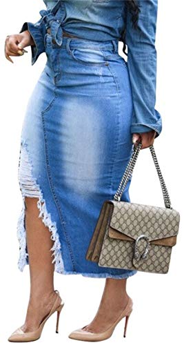Armofy Womens Sexy Distressed Ripped Denim Jean Midi High Waisted Pencil Skirt Plus Size