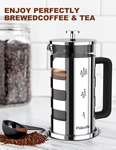 Pukomc French Press Coffee Tea Maker 34 oz, 304 Stainless Steel Glass coffee press with 4 Filters, No Grounds, Removable Heat Resistant Borosilicate Glass