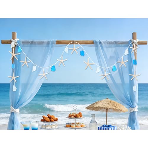 Coastal Garland 6.56ft Natural Starfish & Frosted Sea Glass Beach Wedding Decor Coastal Wall Art for Living Room Bathroom Indoor Outdoor Home Decor Mermaid Under The Sea Party Decor
