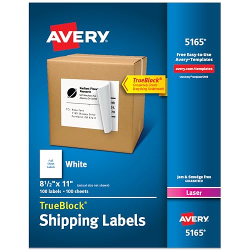 Avery Full-Sheet Printable Shipping Labels, 8.5' x 11' Customizable Stickers, White, 100 Blank Mailing Labels, Great for Mailing, Shipping, Organizing, and More (5165)