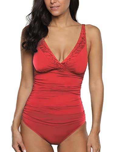 Hilor Women's One Piece Swimsuits Pin Tucked Surplice Swimwear Tummy Control Bathing Suits Monokinis Coral Red 12 #TOP5