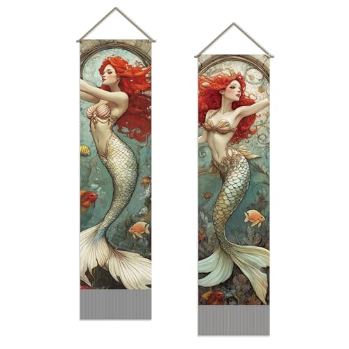 Tapisserie murale sirène aux cheveux roux drapé océan de 2m suspendu avec pompon