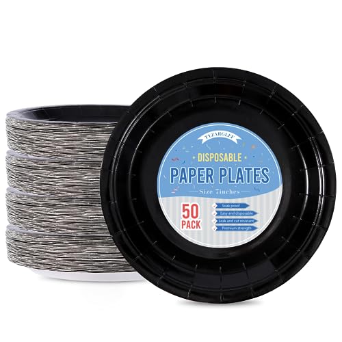 Tyzarglef Disposable Paper Plates Black 50 Count 7 Dessert Cake Plates Bulk for Party Supplies Colored and Sturdy Party Plates for Birthday Halloween Retirement Party Supplies
