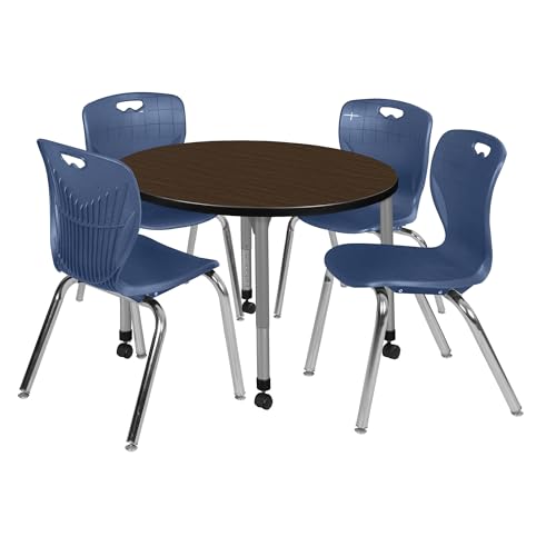 Regency Kee 42 in. Round Mobile Adjustable Classroom Table- Neo Walnut Top, Grey Base & 4 Andy 18 in. Blue Stack Chairs
