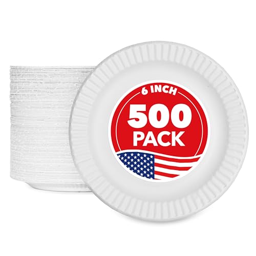 Stock Your Home 6-Inch Paper Plates Uncoated, Everyday Disposable Dessert Plates 6" Paper Plate Bulk, White, 500 Count