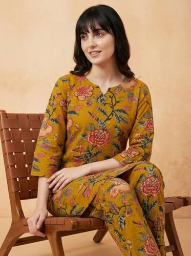 Image of Bee M Pee Designer Trendy Floral Printed Cotton Kurta Coord Sets for Women | Stylish Casual Tunic Kurti Set with Pant for Woman for Office