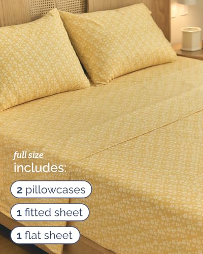 Image of Full 4 Piece Floral Sheet Set - Soft, Breathable & Cooling - Yellow Meadow | 1 Flat, 1 Fitted & 2 Pillowcases w / Deep Pockets, Boho Botanical Floral Bedding, Breathable & Cooling, Wrinkle & Fade Free