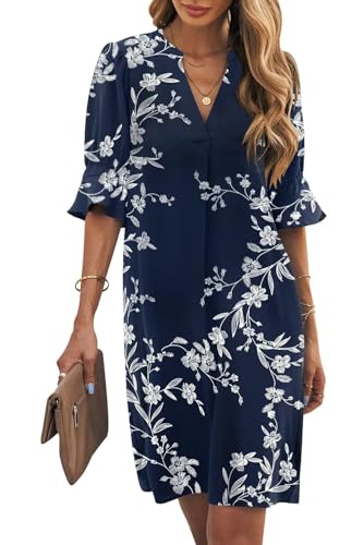 Wkior Shift Dress for Women V Neck Short Sleeves Casual Summer Dresses White Flower Navy S