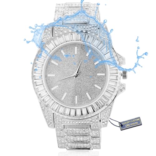 Halukakah Premium Diamond Golduhr für Männer,Luxus Platin Weißgold Vergoldet,Wasserdicht,Funkelndes Sternenlicht-Zifferblatt mit Quadratischen Diamanten,Iced Out,24cm Armband,Geschenkbox Inklusive