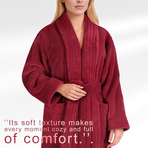 Image of American Soft Linen Women's Fleece Bathrobe - Luxury Soft, Plush, Fuzzy & Warm Turkish Robe for Women, Cozy Spa Quality Adult Bathroom Lounge Robe, Red L