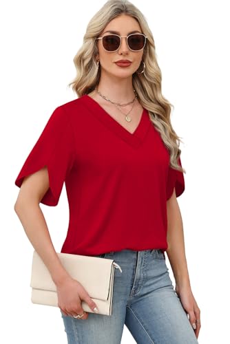 Image of WIHOLL Womens Summer Tops Short Petal Sleeve Shirts Fashion V Neck Womens Clothing