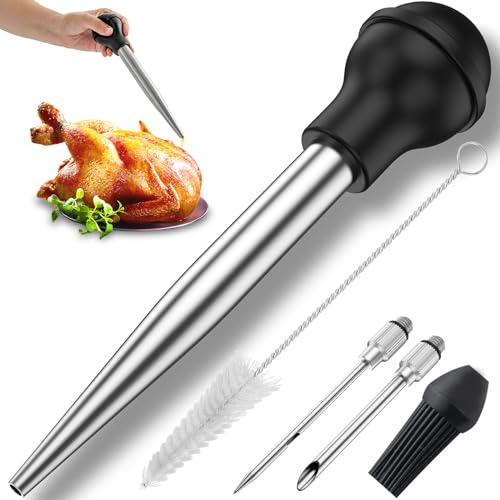 US Turkey Baster Stainless Steel Turkey Baster Syringe with Cleaning Brush Meat Marinade Injector with 2 Needles and Detachable Silicone Round Bulb Meat Baster for BBQ Grill Baking Kitchen Cooking