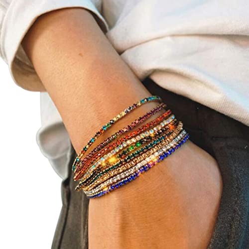 Fasund 8Pcs Women'S Rhinestone Chain Bracelet Fashion Crystal Tennis Stretch Strand Bracelet Party Jewelry Hot Pink/Silver Tone thumb #1