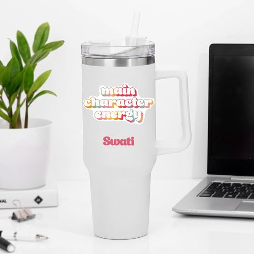 Image of IGP Personalized Large Travel Mug | Same Day Delivery | 1200ml White Tumbler with Custom Name | Main Character Energy‚ Quote | Presents for Him & Her Students & Fitness