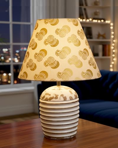 Image of Homesake Wooden Lamp for Living Room | Table Lamp for Bedroom | Bedside Lamp with Fabric Shade | E27 Holder with Bulb Included | Warm Light Night, Study Table & Home Decor, Gold Peacock Shade
