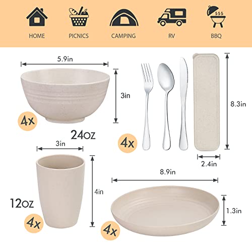 28Pcs Kitchen Wheat Streaw Dinnerware Sets, Wheat Straw Plates And Bowls Sets, College Dorm Dinnerware Dishes Set For 4 With Cutlery Set (Beige) #TOP1