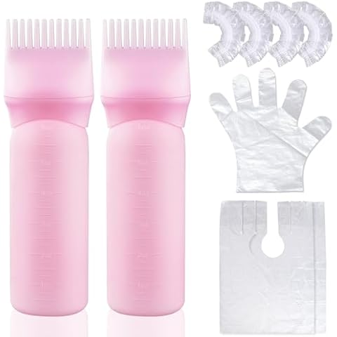 Wowang Root Comb Applicator Bottle 6 Ounce Leak proof Hair Oiling Applicator 2 Pack 12-tooth Comb Hair Dye Applicator Brush Hair Color Applicator Bottle with Graduated Scale(Pink) Cover