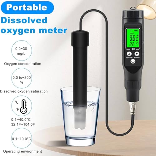 Telituny Sauerstoff Messgerät Wasser, 0-30.0mg/L Digitaler Messgerät für Gelösten Sauerstoff, Stifttyp Gelöster Test, Wasserqualitätstester mit Temperaturkompensat, für Teich Aquarium Aquakultur