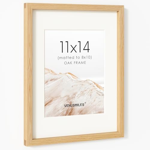 Image of 11x14 Picture Frame, USA-Sourced Natural Oak Wood Photo Collage Frame with HD Tempered Glass, Modern Simple 11 x 14 Wooden Frame Matted to 8x10, Vertical & Horizontal Wall Hanging Display