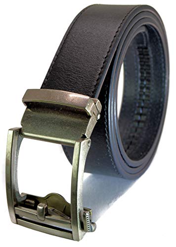 Classic Men's Leather Ratchet Click Belt - Antique Silver Buckle with Charcoal Black Leather Belt (Trim to Fit: Up to 45'' Waist)
