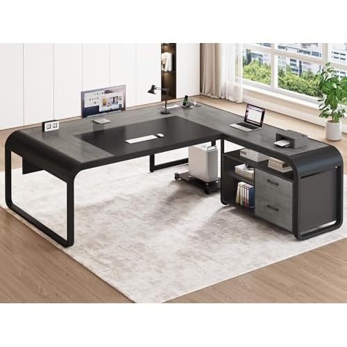 SEDETA 61 Inch Executive Desk, Large Office Desk with File Drawer, L Shaped Desk with Drawers, Computer Desk with Mobile CPU Stand, Storage Shelves, P