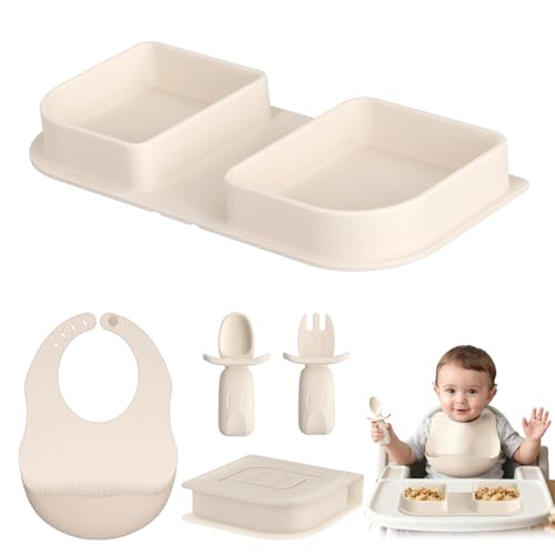 Cathill Beige Travel Silicone Foldable Feeding Set, On-the-Go Baby Feeding Supplies Including Toddler Plates, Silicone Baby Spoon&Fork, Adjustable Foldable Bib, Portable Infant Toddler Utensils