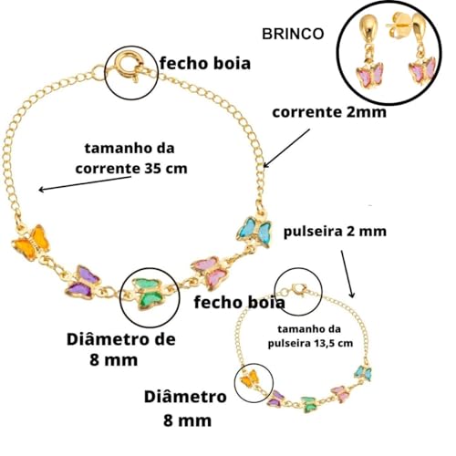 kit colar e Pulseira Infantil/criança com borboletas coloridas banhado a ouro 18k e antialérgica