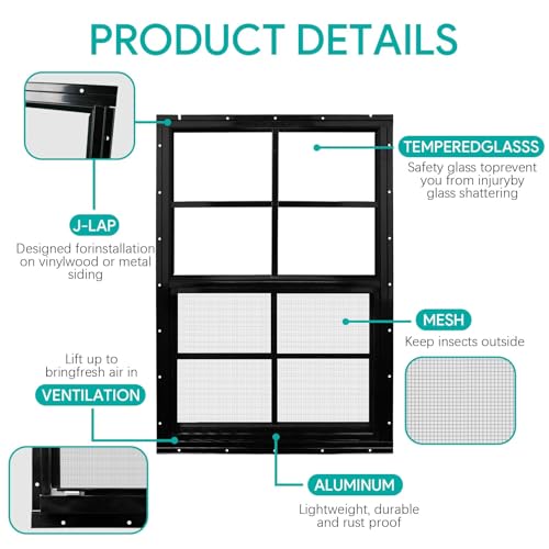 2 Pack 18\" W x 27\" H Shed Windows, Flush Mount Black Window with Tempered Glass and Fiberglass Screen, Sliding Windows with Screws for Sheds, Chicken Coop, Playhouse Garbage Room