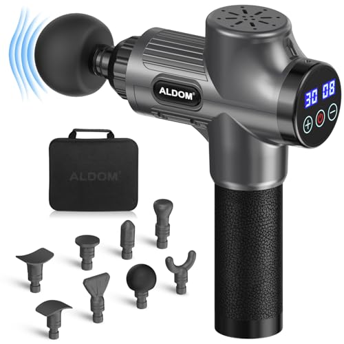 Pistola de Masaje Muscular, ALDOM Massage Gun Masajeadora Músculos Profesional y Carga Tipo C, 30 Niveles Ajustables, Silenciosos, 8 Cabezales Masajeador (Gris Plata)