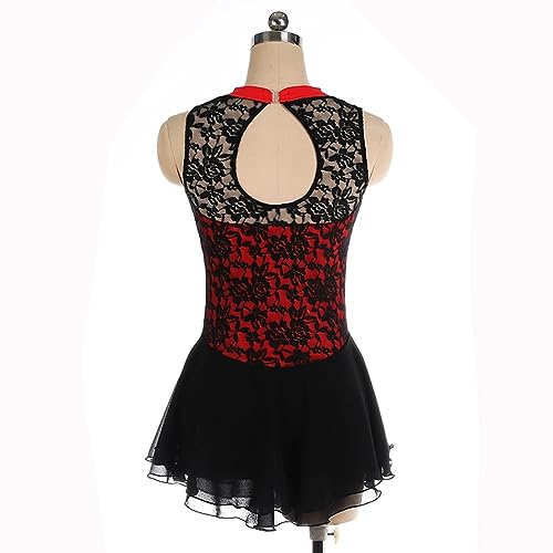 Vestido de Patinação Artística, Elegante Flor de Renda Sem Manga Competição de Patinação Artística T
