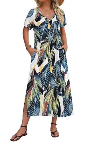 Image of Zeagoo Women Summer Floral Dress Short Sleeve Beach Dress with Pockets Casual V-Neck Split Long T-Shirt Dress Travel Vacation