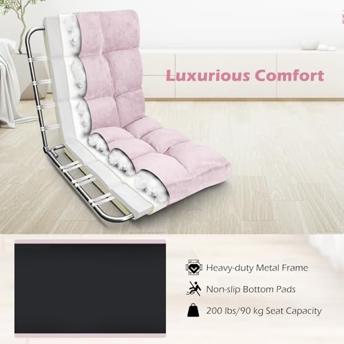 Image of COSTWAY Floor Chair, Video Gaming Chairs with Back Support, Adjustable 14-Position, Alloy Steel Frame, Soft Coral Fleece, Lazy Sofa Lounge for Reading Living Room Recliner for Adults Kids (Light Pink)