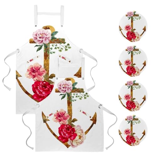 Lot de 2 tabliers de cuisine avec 4 broches, style ancre et fleurs rouillées, taille unique
