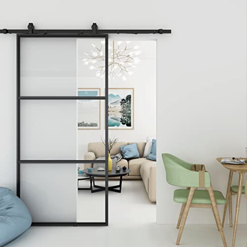 JUBEST Glass Barn Door 42in x 84in, Clear Tempered Glass Carbon Steel Pre Drilled Frame Sliding Barn Door Panel with 7FT Hardware Kit and Soft Close