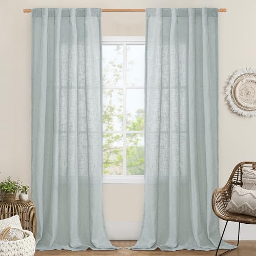 LAMIT Greyish Blue Linen Boho Curtains 84 inch Length 2 Panels, Light Filtering Semi Sheer Panels Back Tab and Rod Pocket Neutral Drapes for Bedroom/Living Room, 34 x 84 Inch