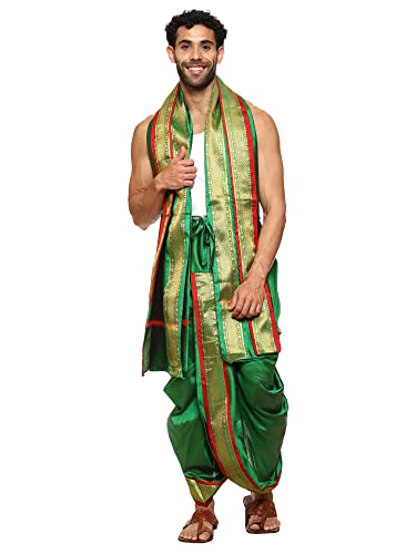 Image of Rameshwaram Fabrics Readymade Dhoti for Men, Velcro Style Stitched Mens Silk Dhoti Pant with Stole Set