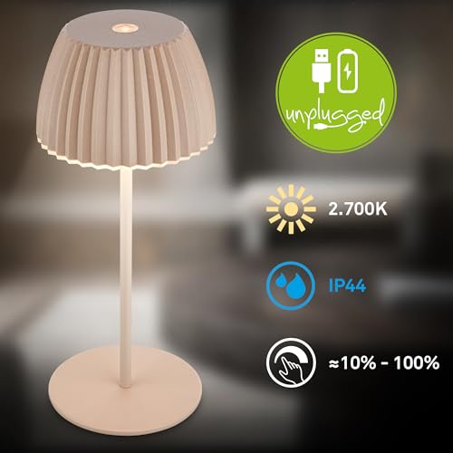 BRILONER - Riffle Mini LED Tischlampe kabellos IP44 mit Lichtkante, Touchdimmer, Akku tauschbar, Nachttischlampe, LED Lampe, Akku Lampe, German Design Award Winner 2025, 8,5 x 20 cm, Beige