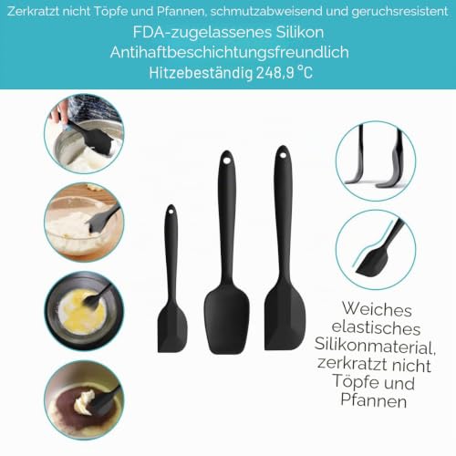 Foto von iNeibo Teigschaber Silikon Spatel 3er Set Spatula aus Hitzebeständigem Silikon und Metallkern Spachtel Flexibel und Robust Schwarz