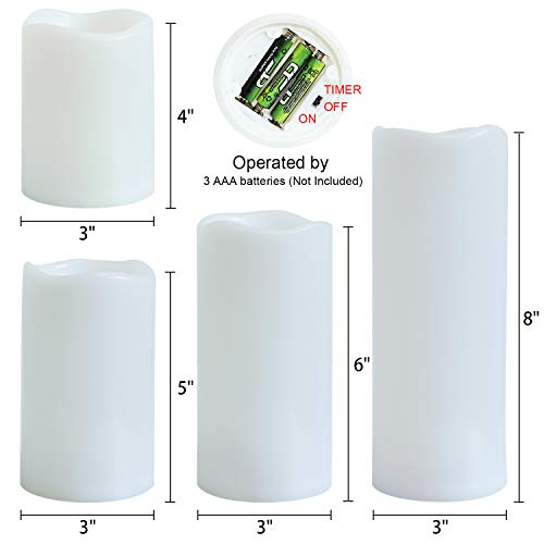 Image of Eldnacele Waterproof Flameless Flickering Candles with 6 Hours Timer, Indoor Outdoor White LED Plastic Battery Operated Pillar Candles Pack of 4 Wedding Dinner Home Decor, D3 inchx H4 inch 5 inch 6 inch 8 inch