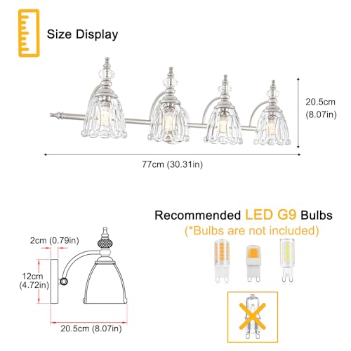 Image of 4 Light Brushed Nickel Bathroom Light Fixture, Antique Vanity Light with Flower Glass Shade, Bathroom Vanity Light Over Mirror, Farmhouse Sconces Wall Lighting for Hallway Livingroom Bedroom