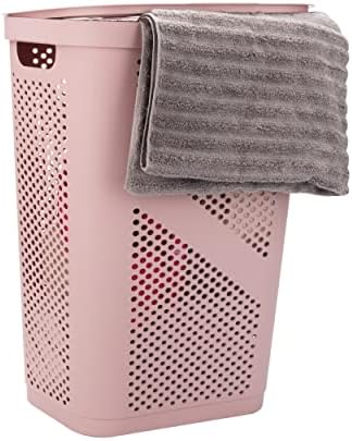 Mind Reader Basket Collection, Slim Laundry Hamper, 60 Liter (15g/33lbs) Capacity, Cut Out Handles, Attached Hinged Lid, Ventilated, Pink