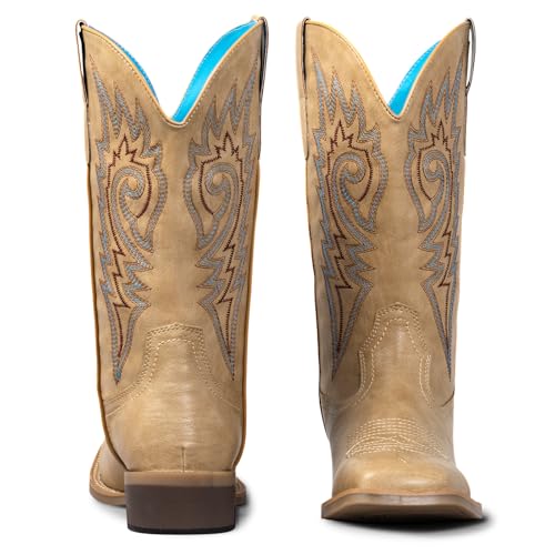 Image of SheSole Cowboy Boots for Women Wide Calf Square Toe Western Boots in Beige and Brown Embroidery Cowgirl Riding Boots