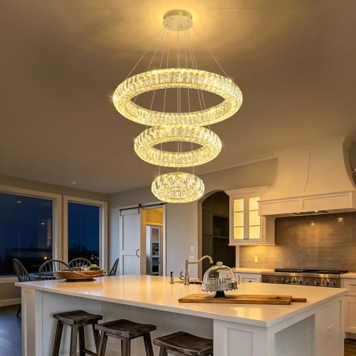 AFQEJG 3 Ring Modern Crystal Chandelier Dimmable Ring Pendant Light Round Crystal High Ceiling Chandeliers for Living Room Dining Room Bedroom Gold — view 5